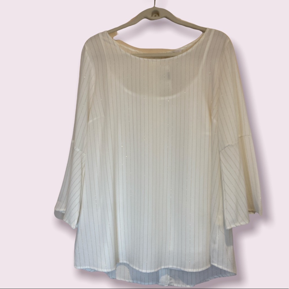 Roz & Ali Blouse + Tank 3/4 Bell Sleeve Gold Stripe Large  NEW